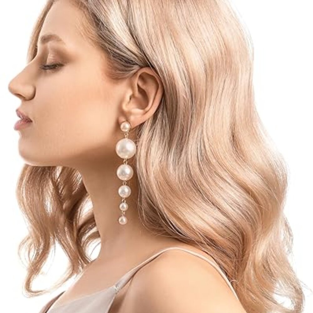 Long Faux Pearl Dangle Earrings